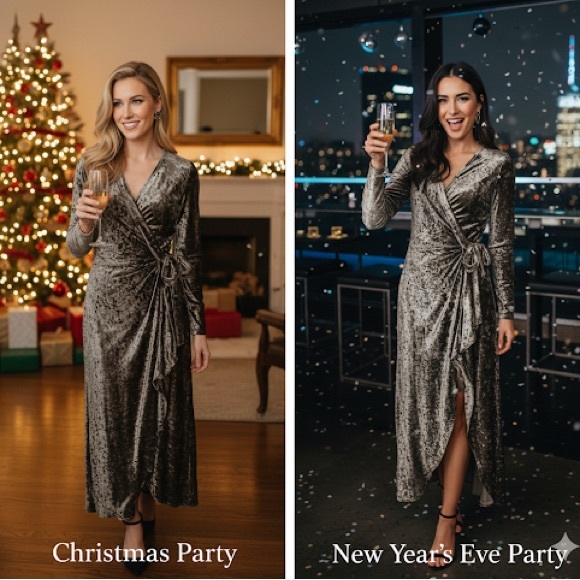 BCBGMaxAzria Metallic Gunmetal Crushed Velour New Year’s Wrap Maxi Dress Size S - Picture 3 of 13